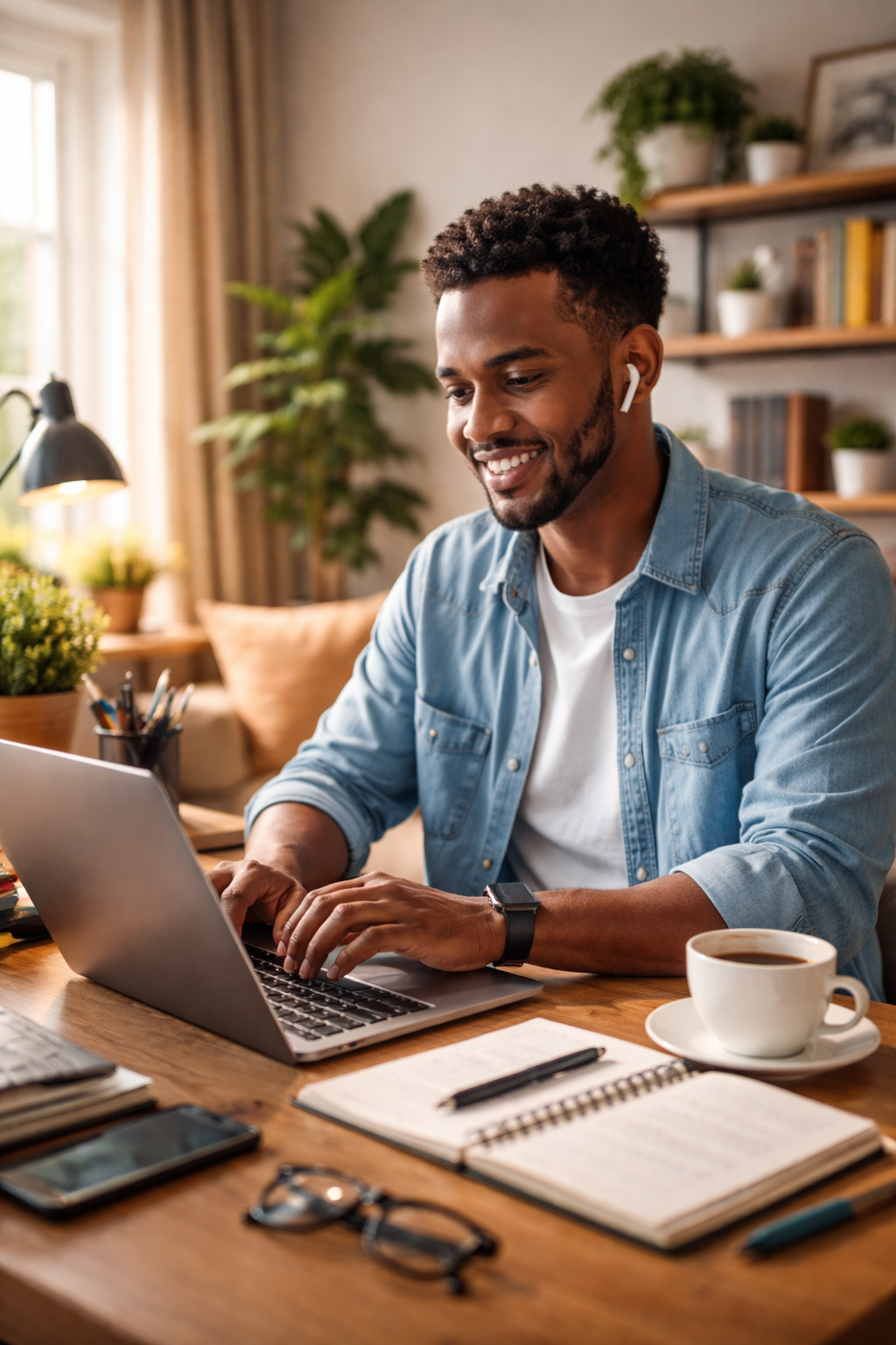 freelancer working on a laptop in a cozy home office.